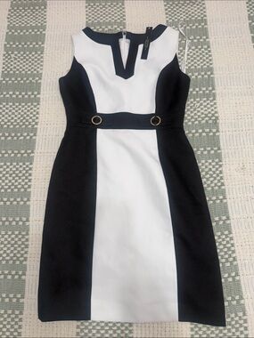 Tahari Black and White Colorblock Midi Dress with Gold Ring Detail